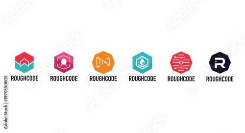Collection of Hexagonal Logos with Abstract Designs and Text.