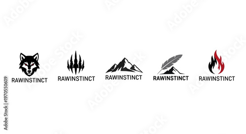 Collection of five distinct raw instinct logo designs.