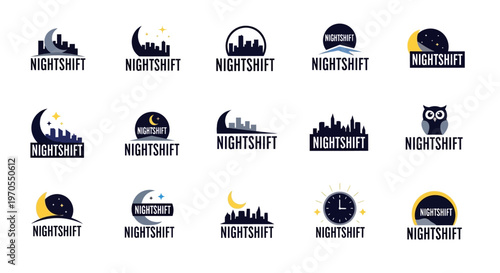 Collection of Night Shift Logos Featuring Cityscapes and Night Elements.