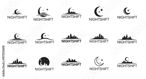 Collection of Night Shift Logos Featuring Moon and Cityscapes.