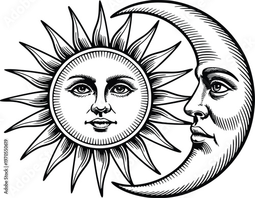Celestial sun and crescent moon faces engraving style astronomical woodcut celestial bodies vintage mystical solar and lunar symbols mythology theme vector illustration composition.