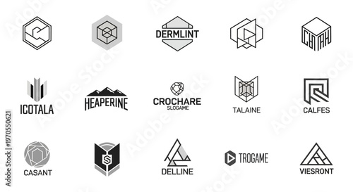 Collection of modern geometric logos and emblems for branding.
