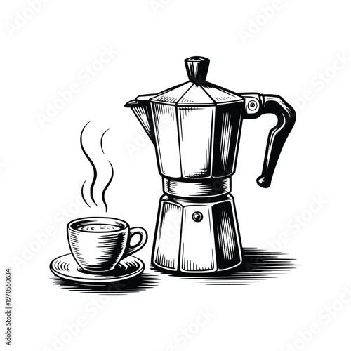 Moka pot coffee maker with steaming cup of coffee vector illustration, black and white drawing of stovetop espresso maker and drink.