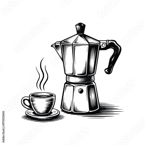 Moka pot coffee maker with steaming cup of coffee vector illustration, black and white drawing of stovetop espresso maker and drink.