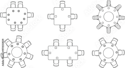 Flat vector mechanical manifold, industrial connector, piping junction, flange, technical drawing