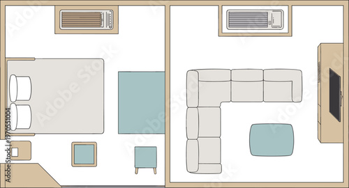 Flat vector apartment floor plan, bedroom, living room, sofa, bed layout
