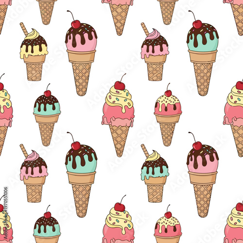 Seamless Pattern of Delicious Assorted Ice Cream Cones.