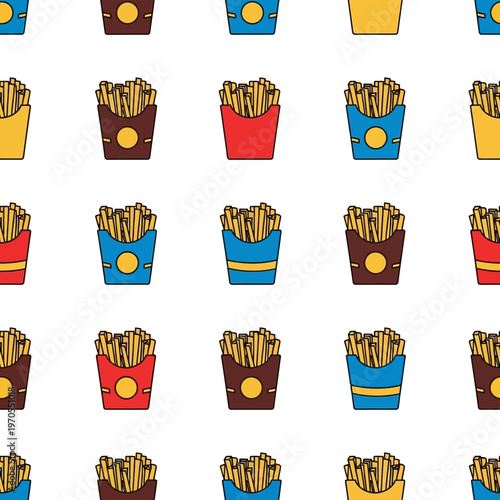 Seamless Pattern of Delicious French Fries in Colorful Paper Containers.