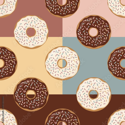 Seamless pattern of delicious donuts with colorful frosting and sprinkles.