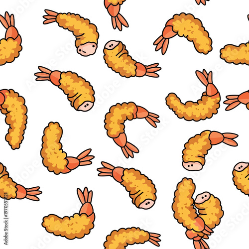 Seamless Pattern of Delicious Golden Fried Shrimp Appetizers.