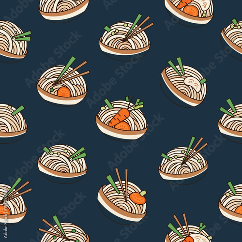 Seamless pattern of delicious noodle bowls with chopsticks.
