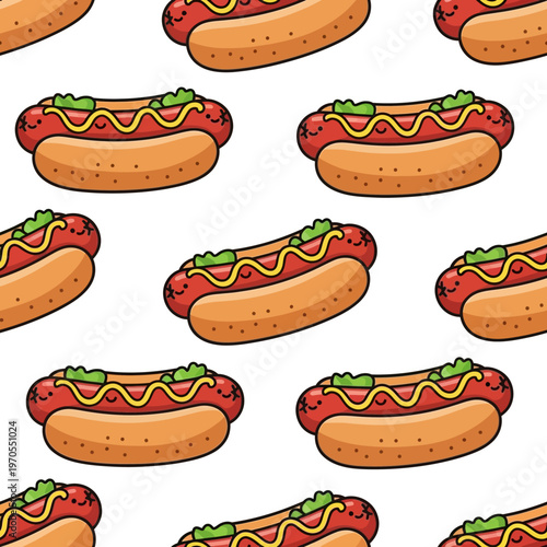 Seamless Pattern of Delicious Hot Dogs with Condiments.