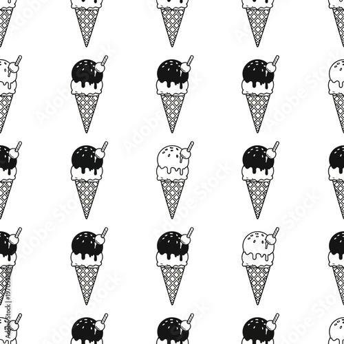 Seamless pattern of hand-drawn ice cream cones in black and white.