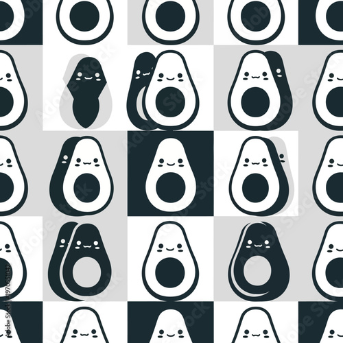 Cute Kawaii Avocados Seamless Pattern Illustration.