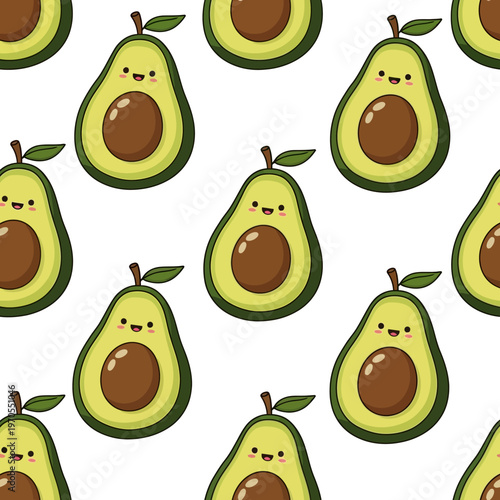 Cute Kawaii Avocados Seamless Pattern Illustration.