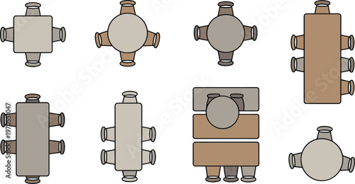 Flat vector dining table layouts, chairs, square, round, rectangular arrangements