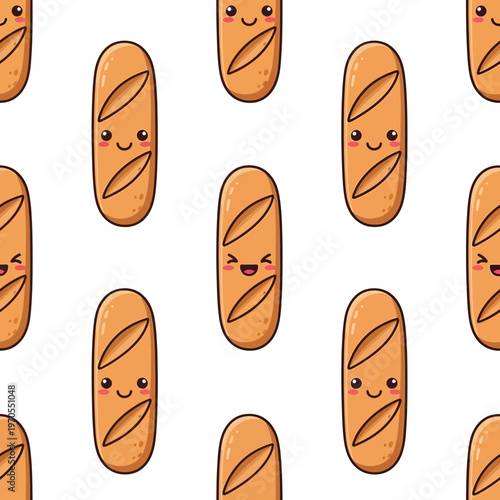 Cute Kawaii Baguette Bread Characters Seamless Pattern.