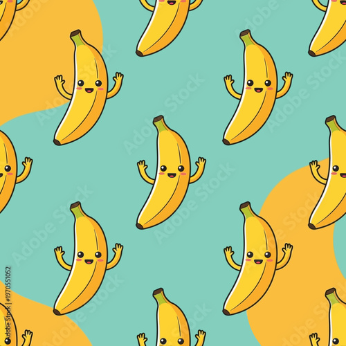 Cute Kawaii Bananas Pattern Cheerful Fruit Characters.