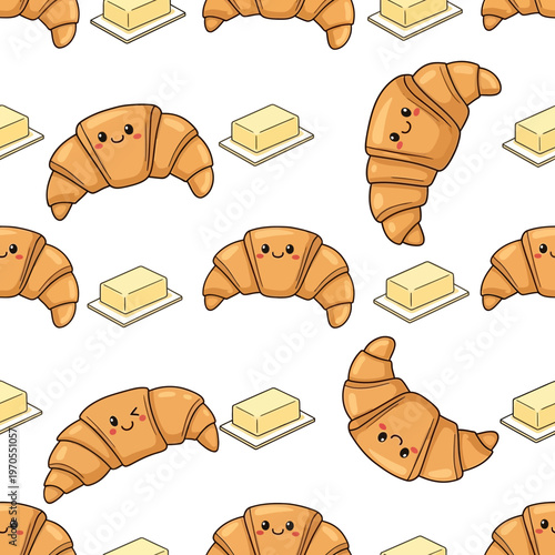 Cute Kawaii Croissants and Butter Pattern.