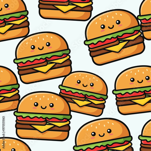 Cute Kawaii Burger Pattern Seamless Fun Food.