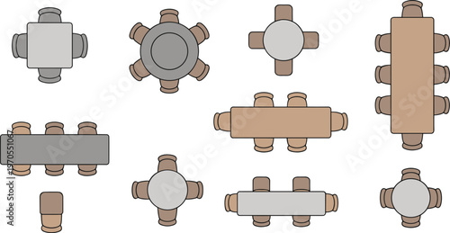 Flat vector dining furniture layouts, tables, chairs, square, round, rectangular designs