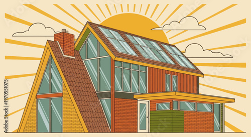 Modern A-frame house with solar panels on the roof, bathed in warm sunlight with stylized clouds and rays
