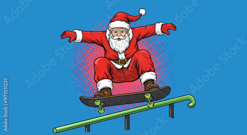 Santa Claus Performing a Trick on a Skateboard While Grinding a Rail During the Christmas Season