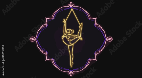 Elegant Aerial Acrobat Performing a Graceful Split Pose in a Decorative Frame