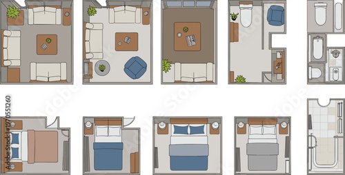 Flat vector interior design floor plan layouts, living room, bedroom, bathroom
