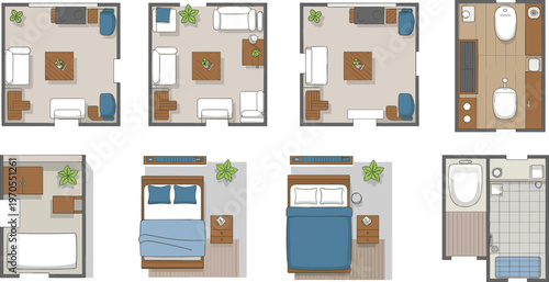 Flat vector interior floor plan layouts, living room, bedroom, bathroom designs