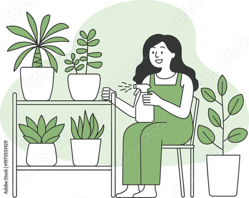 Person watering indoor plants flat vector illustration, eco gardening care design