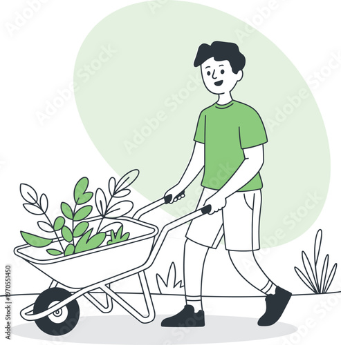 Gardener pushing wheelbarrow flat vector illustration, eco gardening care design