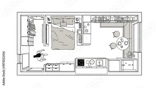 Modern studio apartment floor plan with furniture and layout