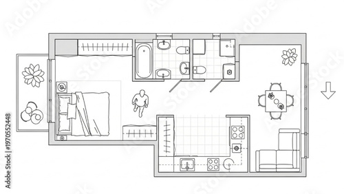 Detailed architectural blueprint showcasing a compact modern studio apartment's functional interior layout and living spaces