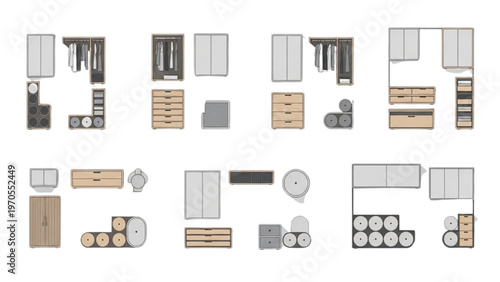 Top-Down View of Diverse Modular Wardrobe and Closet Systems for Home Organization and Efficient Storage Solutions