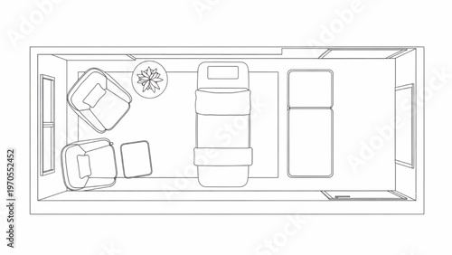 Top-down view of a studio apartment layout with furniture and windows