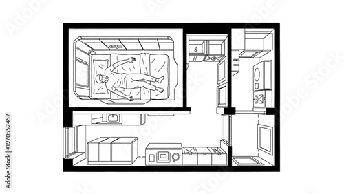 Floor plan of a compact studio apartment with a bed and kitchen