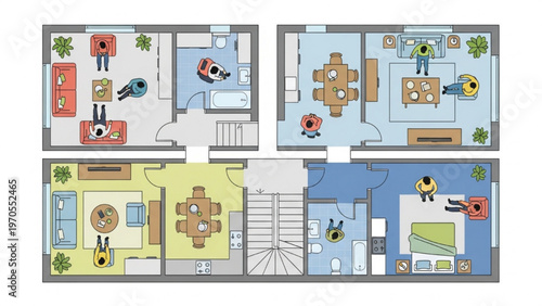 Overhead view of various modern residential floor plans illustrating diverse daily activities and home life scenarios within a community setting