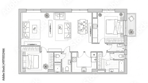Architectural floor plan illustrating a modern apartment layout with multiple rooms and elegant furnishings