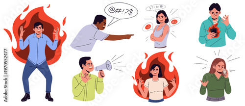 Flat vector illustration set depicting angry people expressing frustration, arguments, and emotional outbursts. ideal for mental health topics, conflict communication, stress, and social issues.