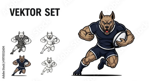 Rugby Player Pitbull Mascot Running with Ball.