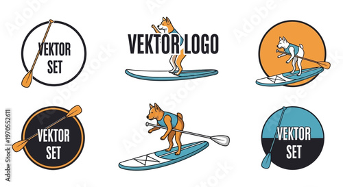 Set of vector logos featuring dogs on paddleboards.