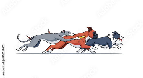 Three dogs running in a race side by side.