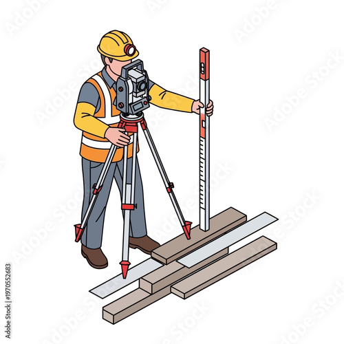 Professional surveyor in protective gear meticulously operating a total station, taking precise measurements on a construction site with a leveling staff for accurate land assessment and mapping