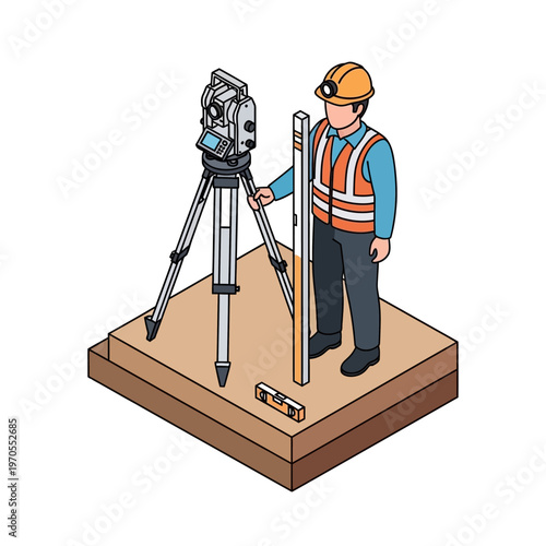 Professional land surveyor operating a sophisticated total station on a construction site, meticulously performing precise measurements and mapping for infrastructure development