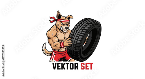 Mascot Dog Character Holding a Tire.