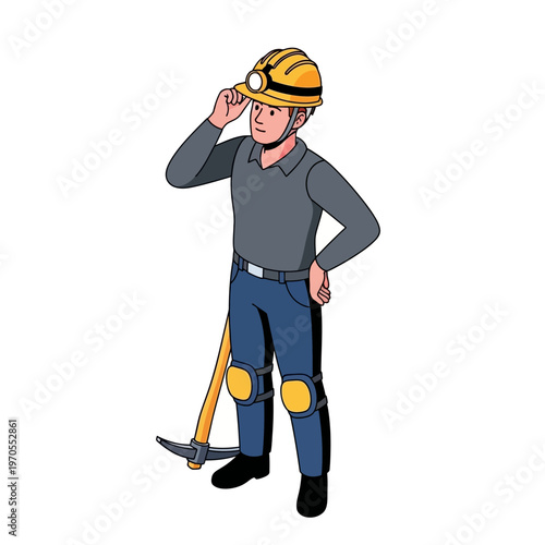 Illustration of a miner in protective gear, wearing a hard hat and knee pads, holding a pickaxe, symbolizing the mining industry and hard labor