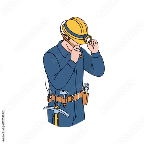 Industrial worker in safety gear, adjusting headlamp, with utility belt and tools, symbolizing hard work, safety, and preparedness for challenging tasks