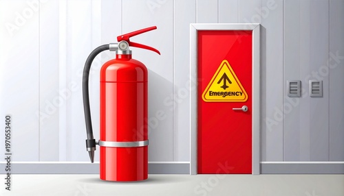 3D red fire extinguisher and emergency exit sign on white wall for safety awareness