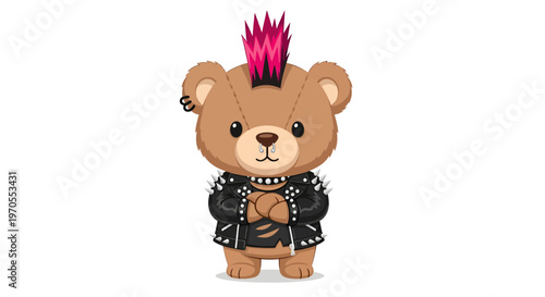 Cute Punk Rock Teddy Bear Vector Illustration with Pink Mohawk and Studded Jacket for Playful Merchandise and Edgy Character Design